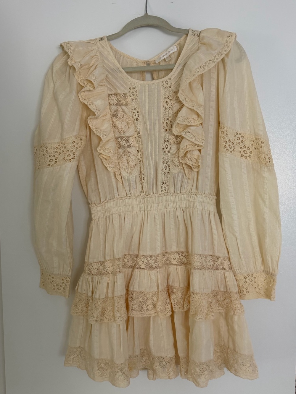 LoveshackFancy Cream Ruffle Lace Tiered Dress